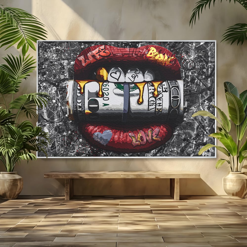 Tablou canvas cu tablou canvas cu buze rosii si dolari, in rama de aluminiu argintiu